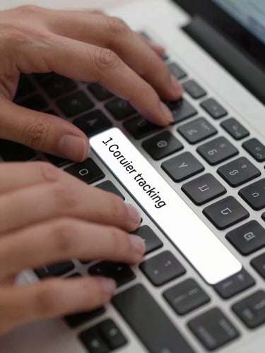 Extreme close-up of a laptop keyboard, hands typing a courier tracking number into a clean white input field, screen glow on fingertips, neutral studio lighting, mid-task, no faces, sharp focus on the keys and input field