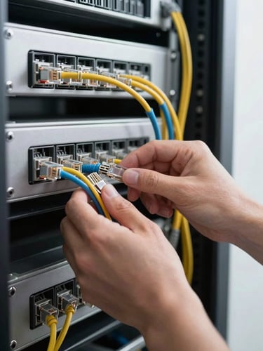 Close-up of a technician's hands routing ethernet cables inside a server rack, studio strobe lighting, clean white background behind the rack, sharp focus on cable management and rack units, no faces visible
