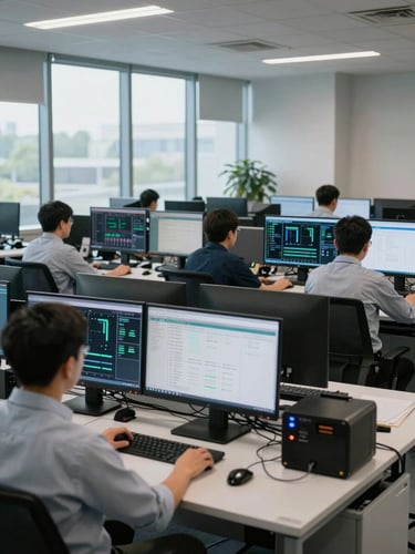Wide shot of a network operations room, engineers at standing desks monitoring multiple screens showing infrastructure dashboards, north-facing daylight through windows, functional and orderly environment, no smiling poses