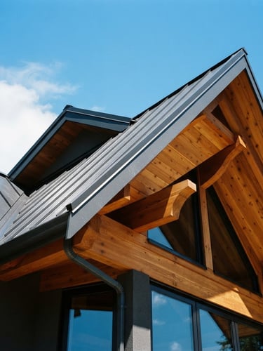 Low-angle architectural photography of a sharp slate-gray roofline with crisp metal flashing, bright natural daylight casting high-contrast shadows, warm wood rafters visible against a clear Canadian sky, 35mm lens, sharp focus.