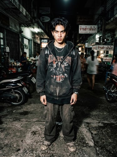 Gritty, low-angle portrait of Thai youth in Songkhla, wearing oversized streetwear, harsh direct flash, high contrast, desaturated urban tones, raw grain, 35mm film, urban street environment, deep shadows.