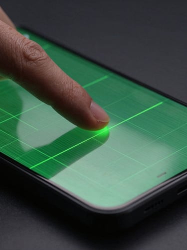 Extreme close-up of a premium matte-black Android phone screen in a dark studio, displaying a minimalist green cyber-grid interface, dramatic neon green screen-glow reflecting onto a finger hovering over the glass.