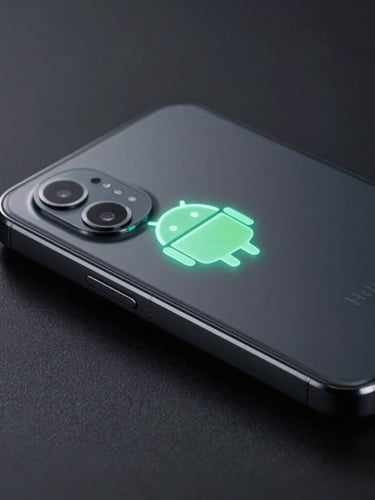 Extreme close-up angled isometric render of a premium dark-charcoal Android device, neon mint UI elements glowing softly onto a matte black surface, low-key studio lighting.