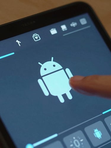 Extreme close-up of a modern Android device screen glowing with a minimalist vector game UI, cyber blue accents, finger hovering.