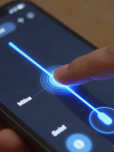 Macro shot of a thumb interacting with a dark OLED smartphone screen, showcasing a custom slider control with a vibrant cyber blue glow, sharp geometric UI lines