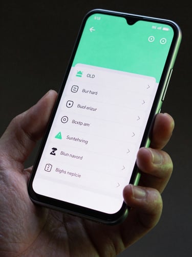Extreme close-up macro shot of a hand holding a premium dark titanium Android phone, vibrant OLED screen displaying a clean bug tracker UI with electric mint accents, dramatic side-lighting casting a subtle green glow on the fingers, dark studio background.