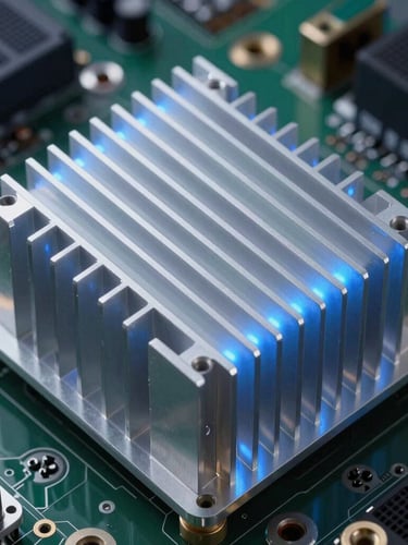 Orthographic overhead shot of a heavy-duty aluminum heat sink mounted on a power board, clinical blue LED highlights, high contrast.