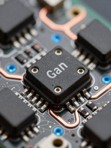 Extreme macro overhead shot of a custom PCB layout showing clean solder joints on GaN transistors, copper busbars, and clinical blue LED indicator highlights.