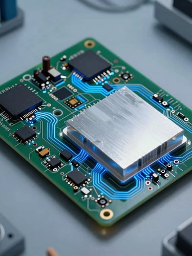 Orthographic overhead technical blueprint view of a high-power PCB layout, glowing blue trace lines, massive aluminum heat sink, clinical laboratory lighting.