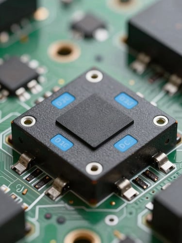 Orthographic macro shot of high-density DC-DC converter PCB layout, clean solder joints, visible SiC chips, cool clinical blue indicators.