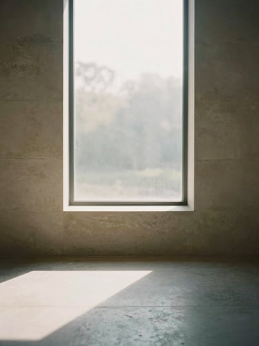 Soft diffused morning daylight filtering through a minimalist stone window, gentle shadows on a clean floor, serene editorial photography, 35mm