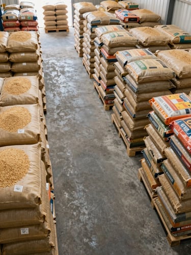 Overhead wide shot of organized bulk grain sacks and packaged food staples arranged in a warehouse aisle, even diffused daylight from skylights above, no people, clean concrete floor visible, shot from slightly elevated angle showing systematic order and scale