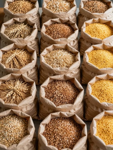 Close overhead study of organized grain samples in open kraft paper bags on a warehouse packing table, multiple grain varieties — wheat, sorghum, maize — arranged in a structured grid pattern, even north-facing daylight, visible texture of grain husks and paper fiber