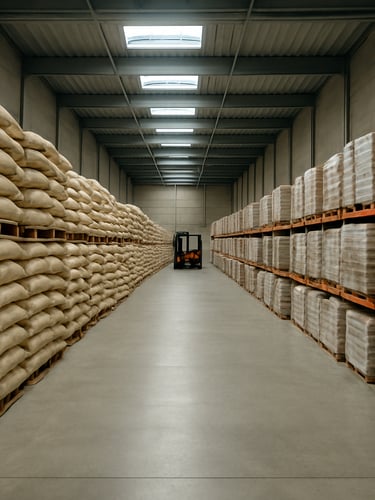 Wide environmental shot inside a large food distribution warehouse — organized rows of bulk grain sacks and palletized staple goods under overhead daylight panels, a forklift visible in the far aisle, clean concrete floor, overcast-equivalent industrial lighting with no dramatic shadows, framed from mid-height looking down the central aisle to convey operational scale