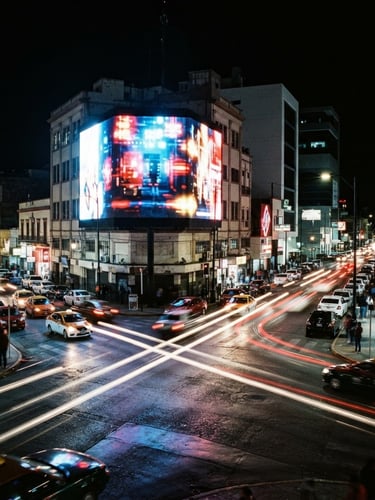 Dramatic night shot of a massive glowing digital screen at a bustling Mexicali intersection, neon light trails from passing cars, high-contrast urban photography, 35mm