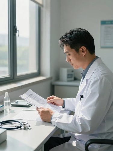 Environmental medium shot inside a clinical consultation room, a male psychiatrist seated at a desk reviewing patient documentation under broad natural daylight from a large window to the left, stethoscope visible on the desk surface, clean institutional walls in the background, documentary framing with subject placed in the right third of the frame