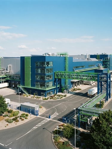 Architectural wide angle of a modern industrial facility, crisp daylight, corporate blue steel structures, 35mm photography