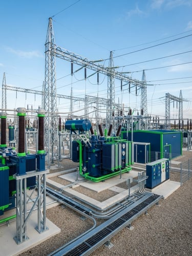 Sharp industrial photography of a clean electrical substation, deep corporate blue and electric green accents, architectural wide angle, 35mm