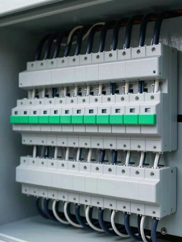 Macro detail of a clean industrial electrical panel, neatly organized wires, professional engineering setup, sharp focus, cool daylight