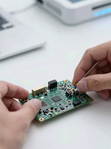 Macro shot of hands repairing a laptop motherboard on a clean workbench under cool white studio lighting with subtle blue LED highlights.