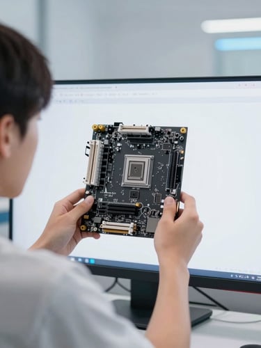 Over-the-shoulder shot of a student analyzing a motherboard layout on a screen, cool white studio light, subtle blue ambient accents, 50mm