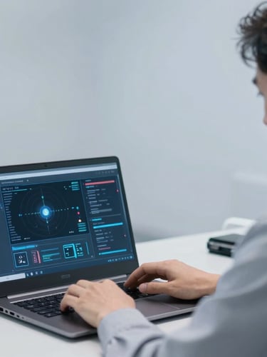 Over-the-shoulder shot of a technician running diagnostic software on a laptop screen, blue neon ambient accents, 50mm