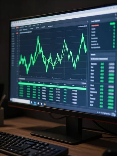 Close-up of a glowing analytics dashboard on a wide monitor in a dark studio, neon green data lines cutting across dark blue panels, keyboard edge in foreground, screen glow illuminating workspace