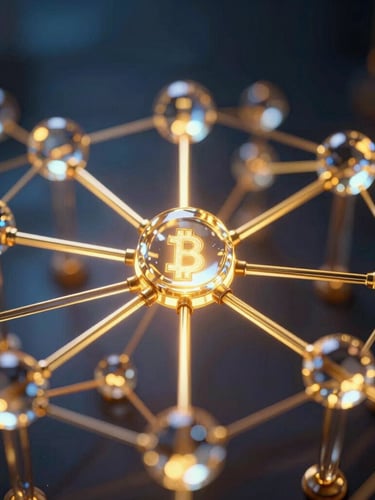 Abstract glowing 3D glass nodes connected by golden light filaments, representing secure multi-signature blockchain architecture, dark background with blue ambient glow, cinematic rendering