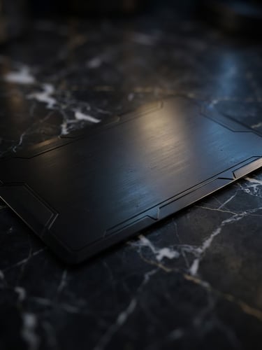 Macro close-up of a premium black metal card resting on dark marble, subtle gold and blue ambient light leaks reflecting off the metallic surface, cinematic 3D render