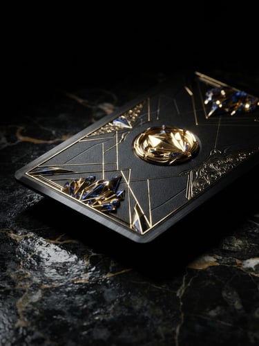 Macro close-up of a premium physical black metal card with gold accents resting on dark marble, dramatic low-key chiaroscuro lighting