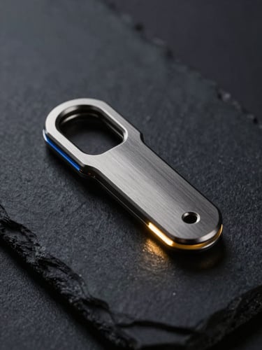 A sleek hardware security key made of brushed dark titanium, resting on a dark slate surface, illuminated by a single sharp gold light leak, cinematic macro photography.