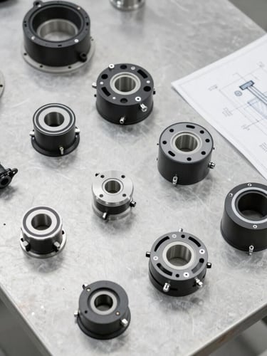 Overhead flat-lay of custom mechanical product components on a clean steel worktable, bright neutral daylight, sharp focus, technical blueprints visible on the side.
