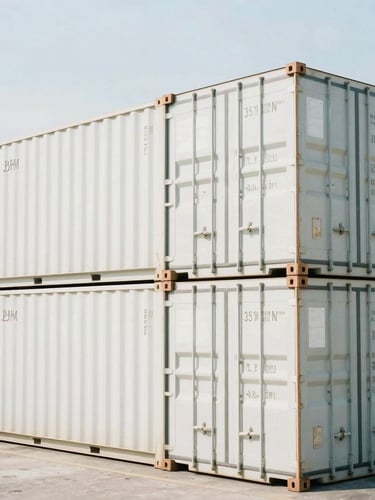 A crisp 35mm photograph of clean, organized shipping containers stacked at a bright neutral daylight logistics terminal, sharp focus