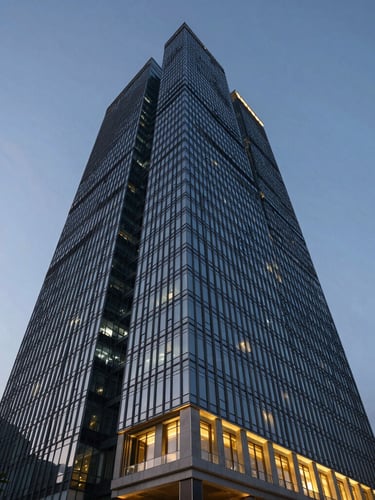Wide-angle architectural shot of a modern high-rise glass building in Jakarta during the blue hour, highlighting sharp structural lines and structural lighting.