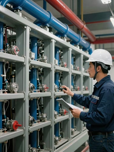 A professional engineer in a white hardhat inspecting a complex modern HVAC chiller system with neatly routed blue and red pipes, industrial architectural lighting