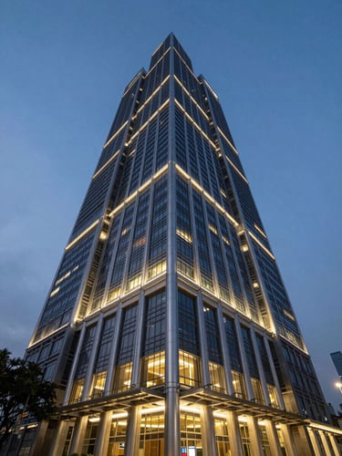 Wide-angle architectural shot of a modern high-rise office tower in Jakarta during the blue hour, highlighting structural lighting and steel elements, dramatic perspective.
