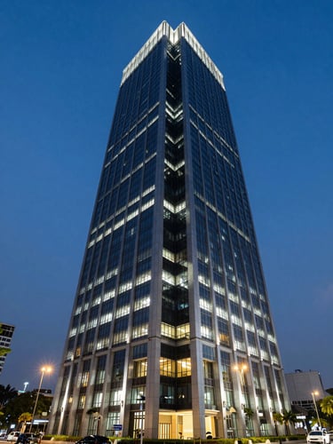 Wide-angle blue hour shot of a modern high-rise office building in Jakarta, highlighting structural lighting and clean architectural lines.