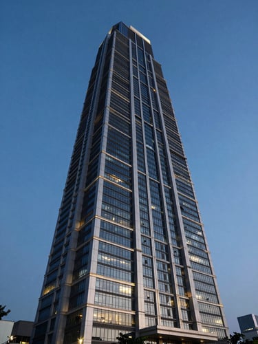 Wide-angle architectural shot of a modern high-rise tower in Jakarta captured during the blue hour, highlighting sharp structural lighting and clean geometric lines against a deep twilight sky.