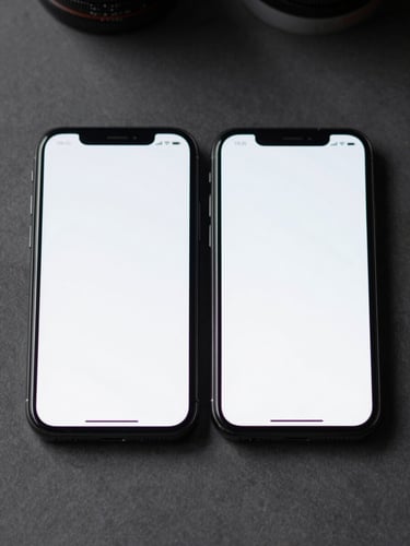 Close-up of two smartphones side by side on a matte charcoal surface under soft studio light, screens facing forward showing clean minimal app interfaces, slight depth-of-field blur behind, no faces