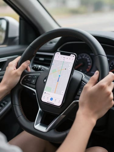 Hands resting on a car steering wheel, a smartphone mounted on the dash showing a clean route map interface, soft north-facing indoor ambient light, neutral interior, precise framing