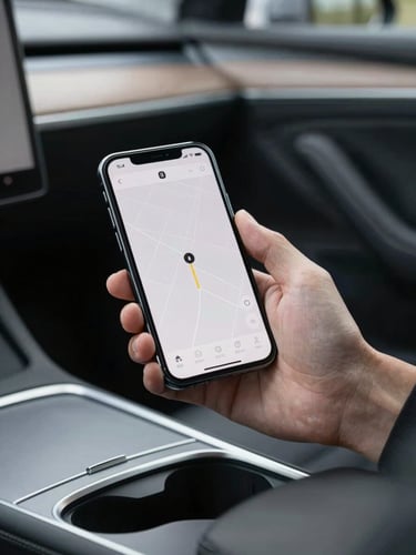 Hand resting on a car console holding a smartphone, soft ambient interior light, the screen shows a minimal route and fuel station interface with clean sans-serif typography, neutral grey interior surroundings