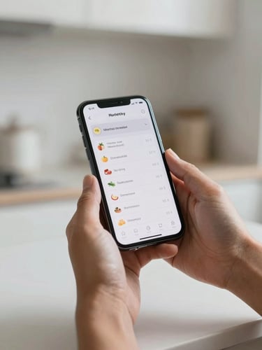Hands holding a smartphone in a clean minimal kitchen environment, soft north-facing daylight, the phone screen shows a nutrition tracking interface with calm typography, counter surface visible at bottom edge