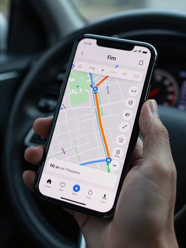 Close-up of a hand holding a phone showing a map routing interface with minimal UI, soft north-facing ambient light, dark car interior visible in background, precise framing