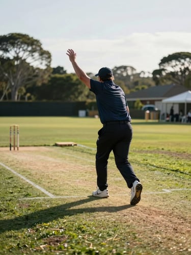 Side-on action shot from ground level — a coach in a Quinns Rocks cap mid-demonstration of a bowling run-up on a grass pitch, arm high, natural morning light casting a long shadow across the crease, suburban tree line visible at the far boundary