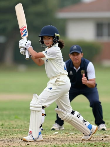 Close-up side-on action shot of a young girl aged around 6 in cricket gear mid-bat-swing on a green grass pitch, natural morning light, a coach crouching behind her in the background giving a thumbs-up, joyful expression on her face, outdoor suburban ground setting