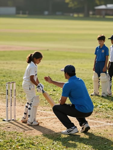 Wide environmental shot from behind the boundary rope — a volunteer coach in a blue polo crouching to demonstrate a batting grip to a young girl in cricket whites, sunlit green oval in the background, golden midday light, other kids waiting their turn visible on the right edge