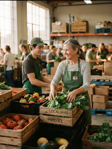 Warm daylight-lit interior of an Ohio community warehouse, volunteers in green aprons organizing crates of fresh local produce, candid and authentic.