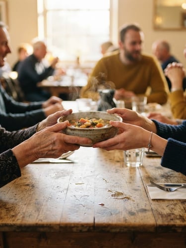 Candid shot of hands passing a warm bowl of vegetable soup across a rustic wooden table in a sunlit community center, shallow depth of field, warm editorial style.