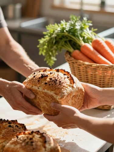 Hands of a volunteer passing a warm, freshly baked loaf of bread and a basket of carrots to another person in a sunlit community kitchen
