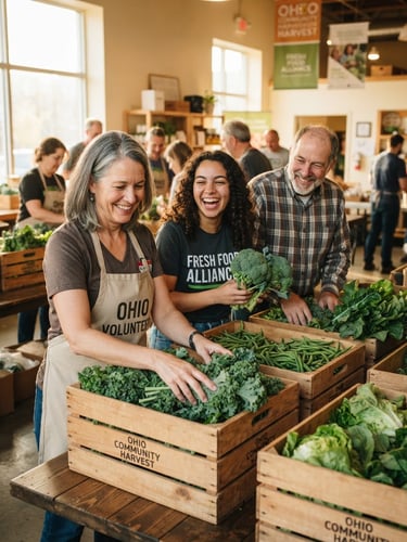 Warm daylight photo of Ohio volunteers smiling, packing wooden crates with fresh green vegetables in a bright community center